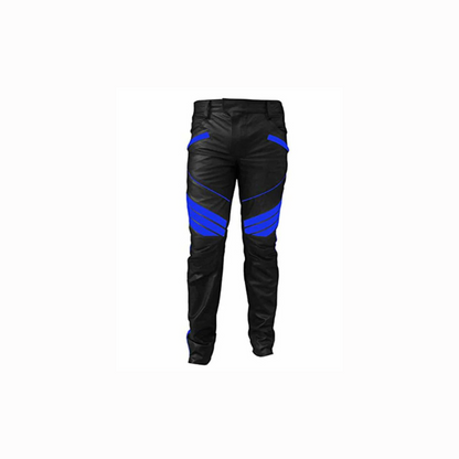 Pantalon motard en cuir véritable noir et bleu pour homme - J5 - BLU