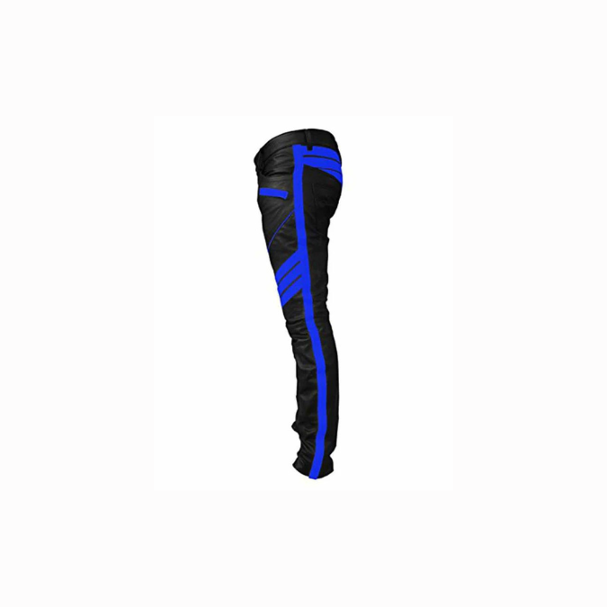 Pantalon motard en cuir véritable noir et bleu pour homme - J5 - BLU
