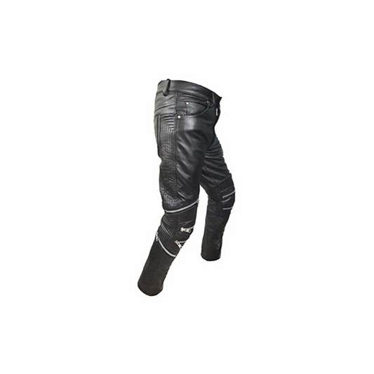 Mens Black Leather Pant Bikers Style Padded Trouser - J7
