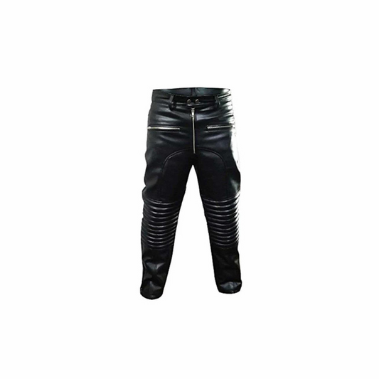 Mens Real Black Leather Pants Bikers Padded Trouser - J8