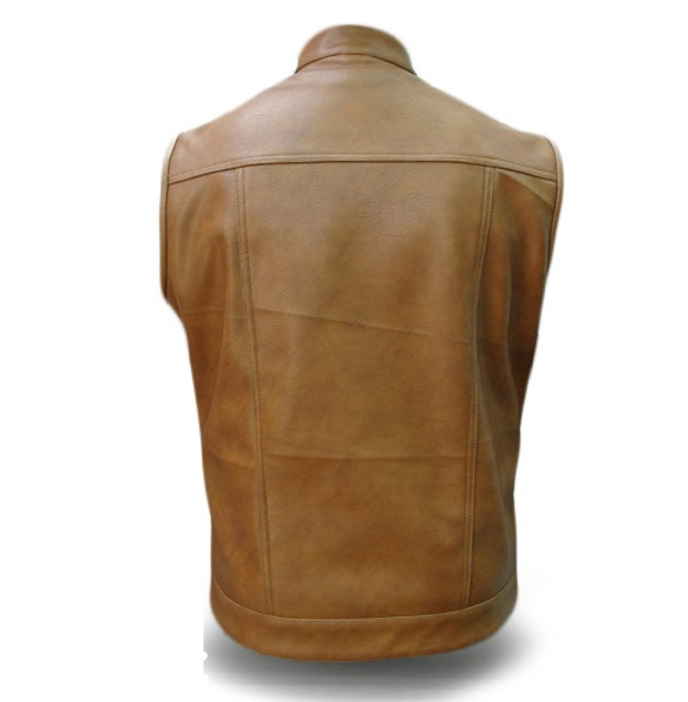 MENS BIKER STYLE VEST GENUINE COW LEATHER BROWN MOTORCYCLE WAISTCOAT - B9-BRW