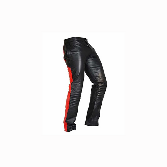 Mens Black & Red Leather Bikers Pants Jeans - JEANS4