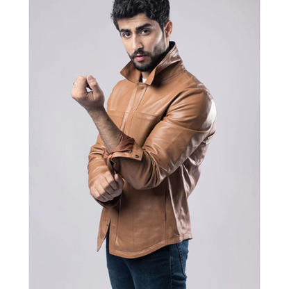 Mens Biker Racer Sheep Leather Brown Jacket Motorcycle Style Cafe Jacket - ELM31