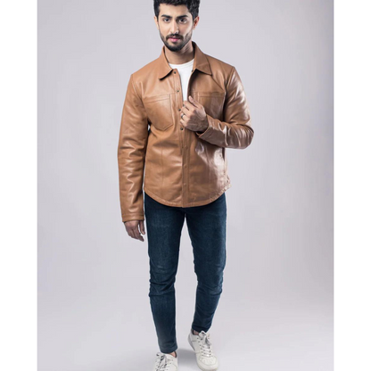 Mens Biker Racer Sheep Leather Brown Jacket Motorcycle Style Cafe Jacket - ELM31