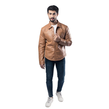 Mens Biker Racer Sheep Leather Brown Jacket Motorcycle Style Cafe Jacket - ELM31