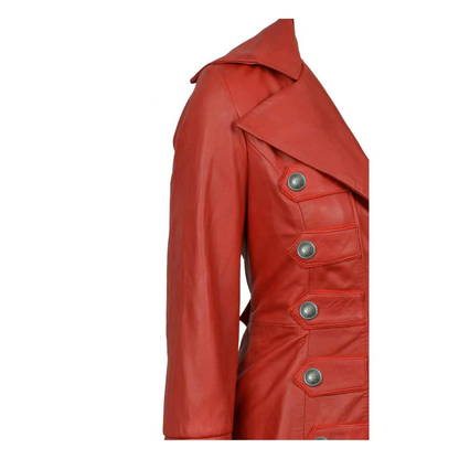 Ladies Red Leather Steampunk Style Trench Coat - T11 - RED