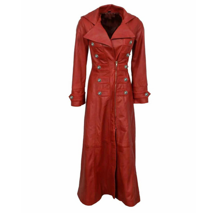 Ladies Red Leather Steampunk Style Trench Coat - T11 - RED