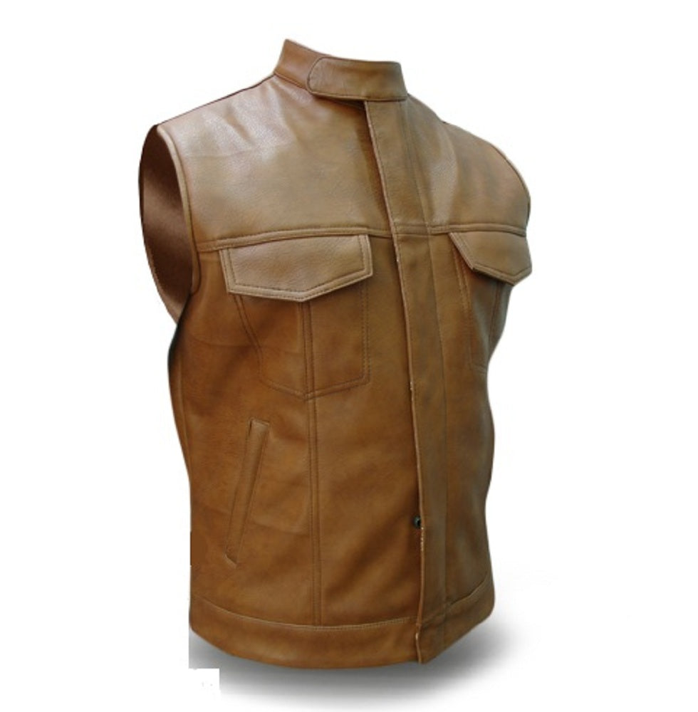 MENS BIKER STYLE VEST GENUINE COW LEATHER BROWN MOTORCYCLE WAISTCOAT - B9-BRW