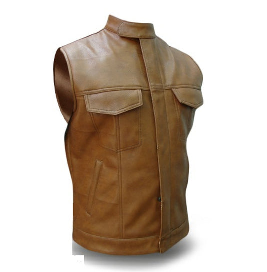 MENS BIKER STYLE VEST GENUINE COW LEATHER BROWN MOTORCYCLE WAISTCOAT - B9-BRW