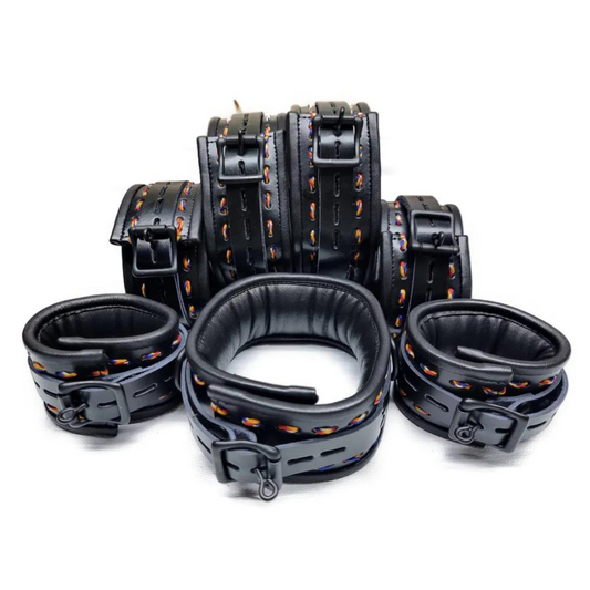 New Unique Design- Black Leather with Multi-Color Thread Complete Set of 7 Restraints - (REST7-BLK-RAIN)