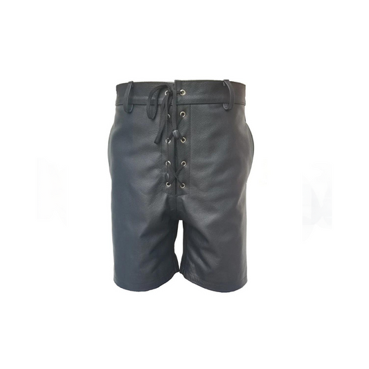 Mens Black Leather Shorts with Lacing Front Closure - (SHORTS2)