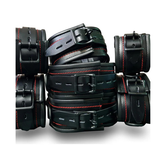 Unisex 7 Pieces Black Leather with Red Thread Heavy Duty Bondage Restraints