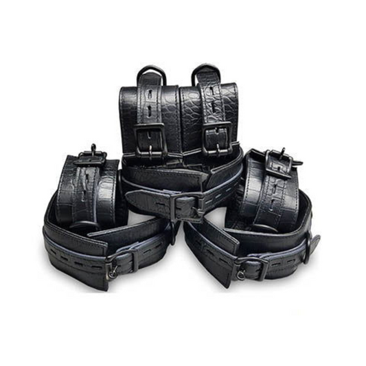 Unisex 7 Pieces Black Crocodile Print Leather Heavy Duty Bondage Restraints BDSM