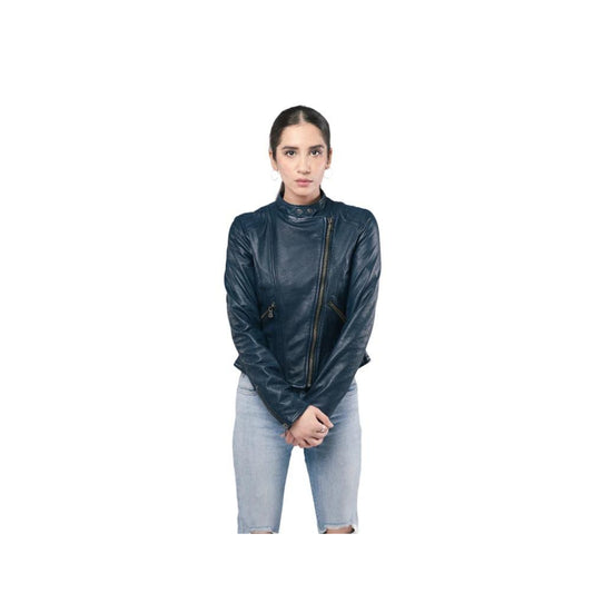 Women Racer Style Jacket Navy Blue Leather Stylish Fashion Jacket – ELF41