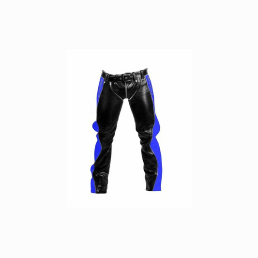 Mens Black and Blue Leather Bondage Pants Jeans Trousers - R2-BLU-BLK