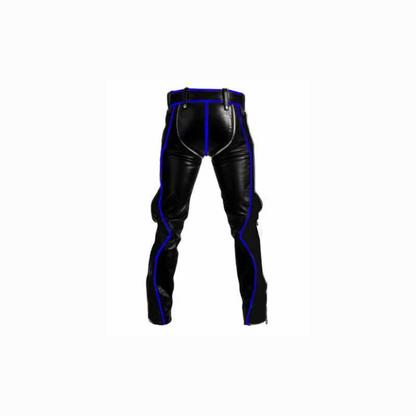Mens Black Leather with Blue Piping Bondage Pants Jeans - R2-BP