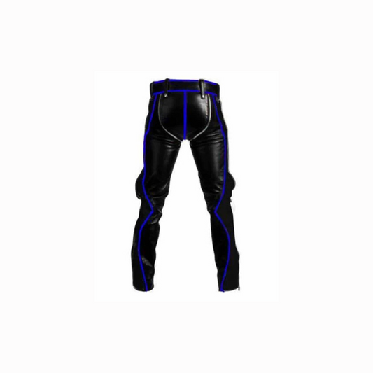 Mens Black Leather with Blue Piping Bondage Pants Jeans - R2-BP