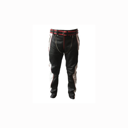 Vaqueros bondage resistentes de cuero auténtico negro, rojo y blanco para hombre - RAW2