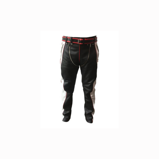 Mens Real Black Red and White Leather Heavy Duty Bondage Jeans - RAW2