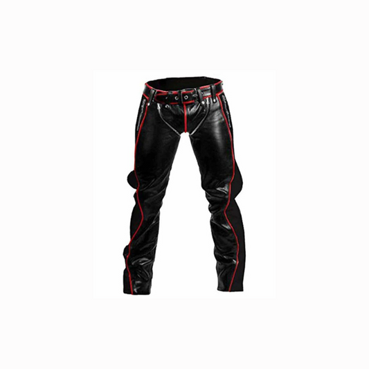 Mens Black Leather with Red Piping Bondage Pants Jeans - RAW2-RP