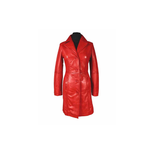 Ladies Red Cow Leather Steampunk Style Trench Coat - T16-RED