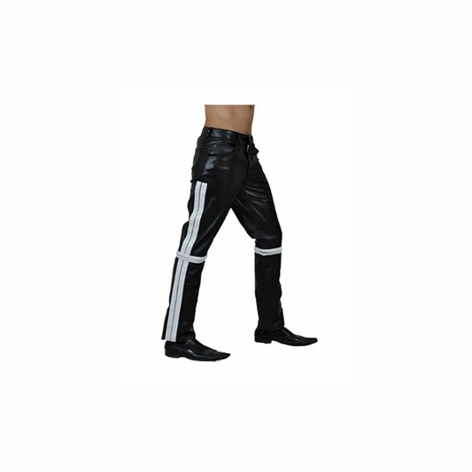 Mens Real Black and White Leather Bikers Pants Jeans - JEANS1