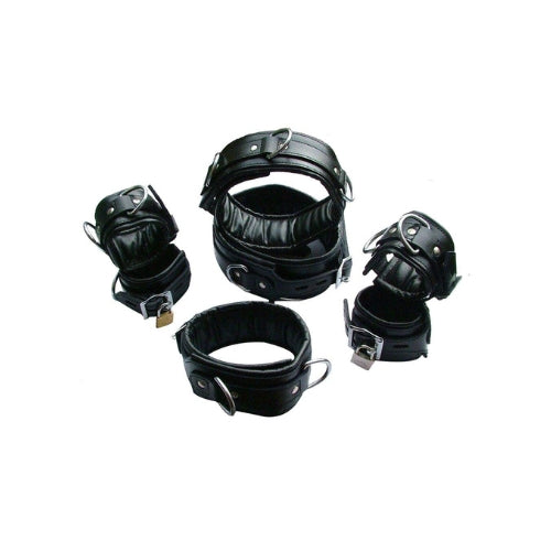 7 Pieces Set Of Black Leather Restraints - REST7-BLK - 7 X Restraints Set