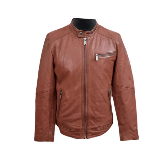 Mens Leather Jacket Biker Style Handmade Cognac Real Lambskin Fashion Jacket - ELM39
