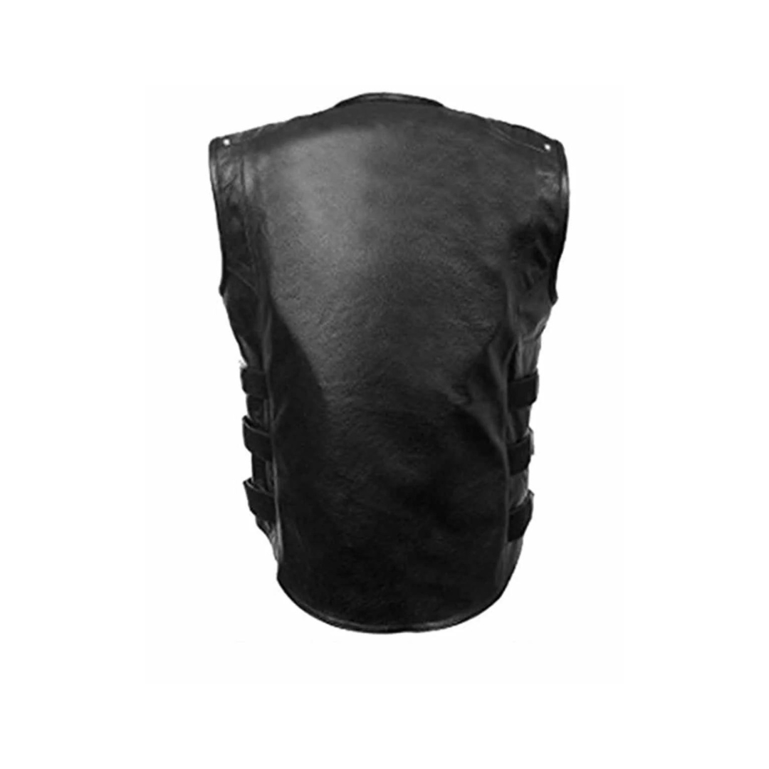 Chaleco de motociclista para hombre, estilo SWAT, de cuero genuino negro - B8-BLK