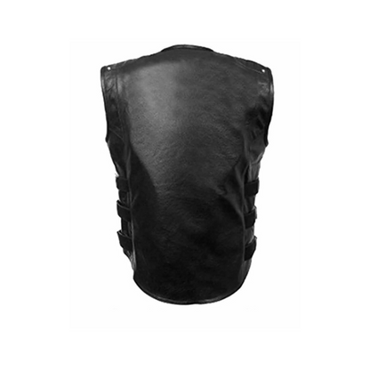 Chaleco de motociclista para hombre, estilo SWAT, de cuero genuino negro - B8-BLK