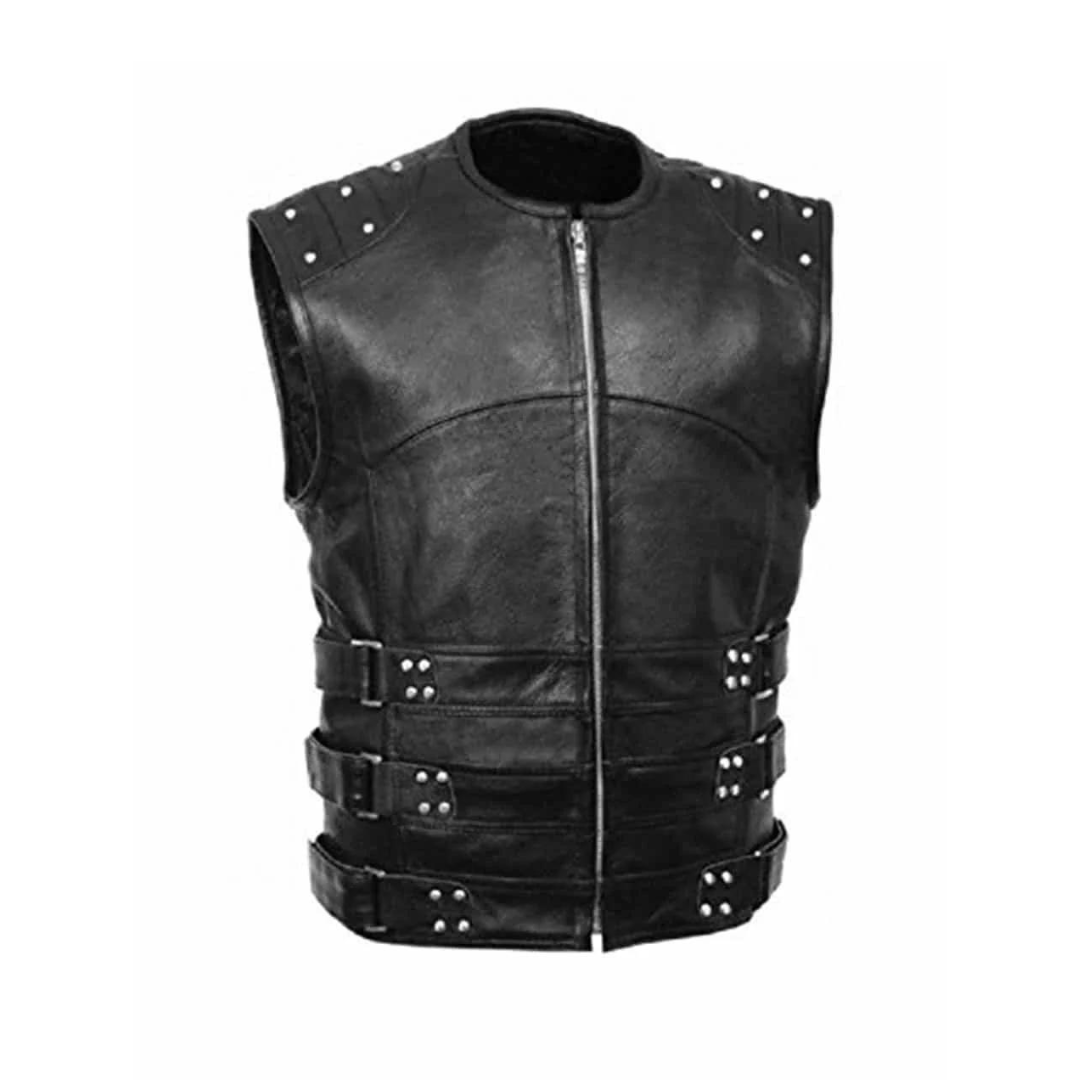 Chaleco de motociclista para hombre, estilo SWAT, de cuero genuino negro - B8-BLK
