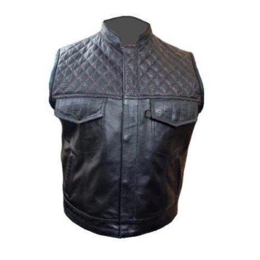Mens Black Crocodile Print Leather Quilted Bikers Style Vest Waistcoat - B30