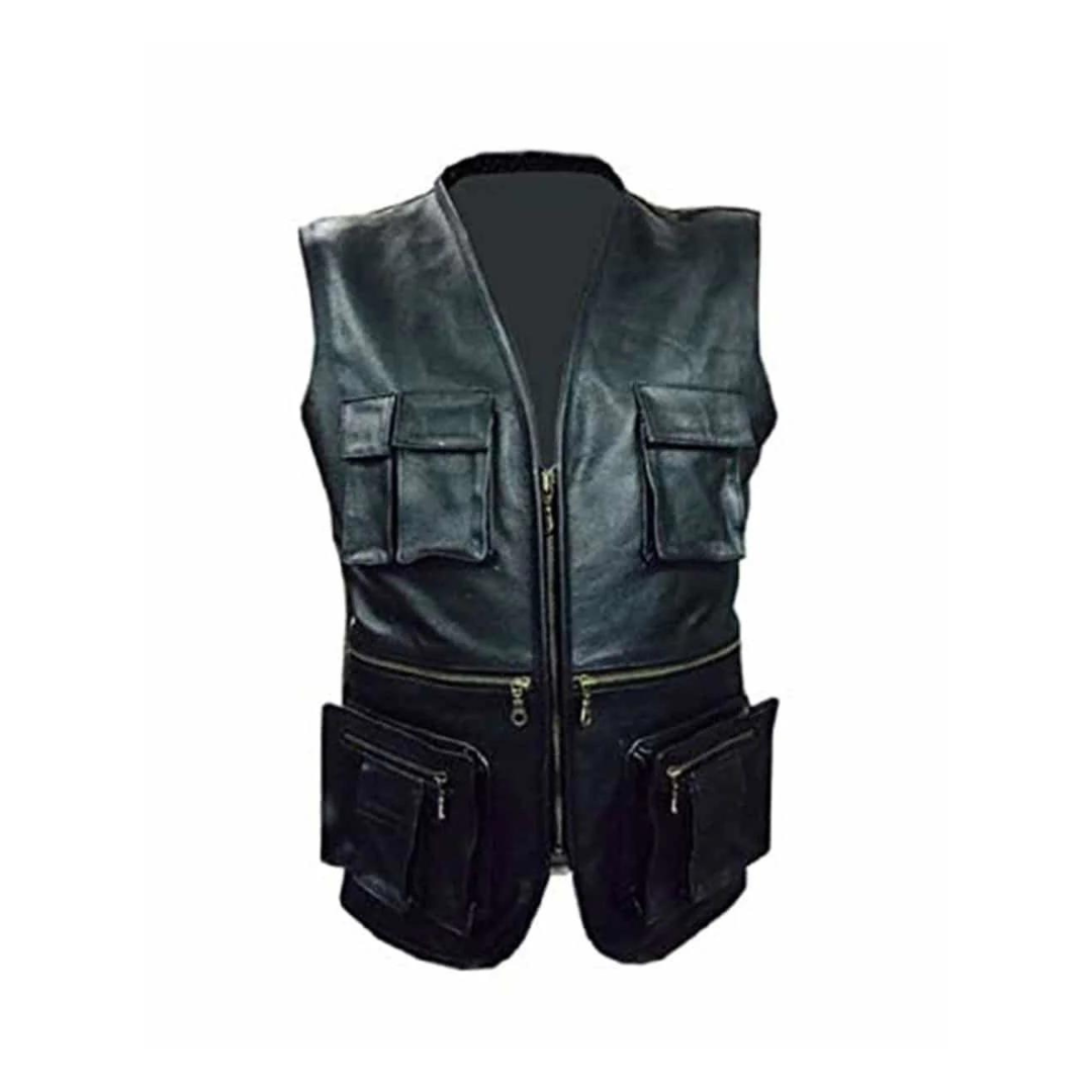 MENS BIKER STYLE VEST BLACK LEATHER MOTORCYCLE WAISTCOAT - B10