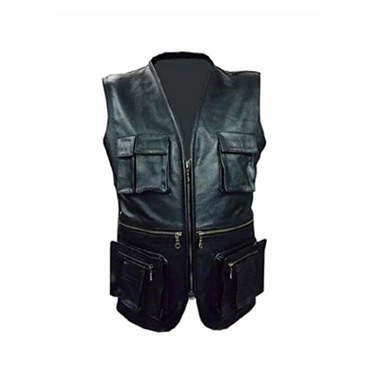MENS BIKER STYLE VEST BLACK LEATHER MOTORCYCLE WAISTCOAT - B10