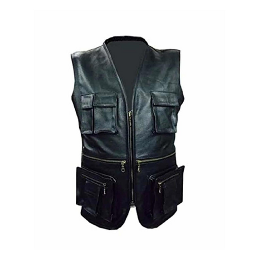 MENS BIKER STYLE VEST BLACK LEATHER MOTORCYCLE WAISTCOAT - B10