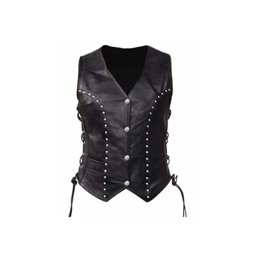 Womens Leather Biker Style Black Vest (W10 - BLK)