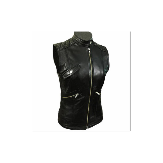 Sexy Womens Real Black Sheep Lamb Leather Bikers Waistcoat Vest (W11)