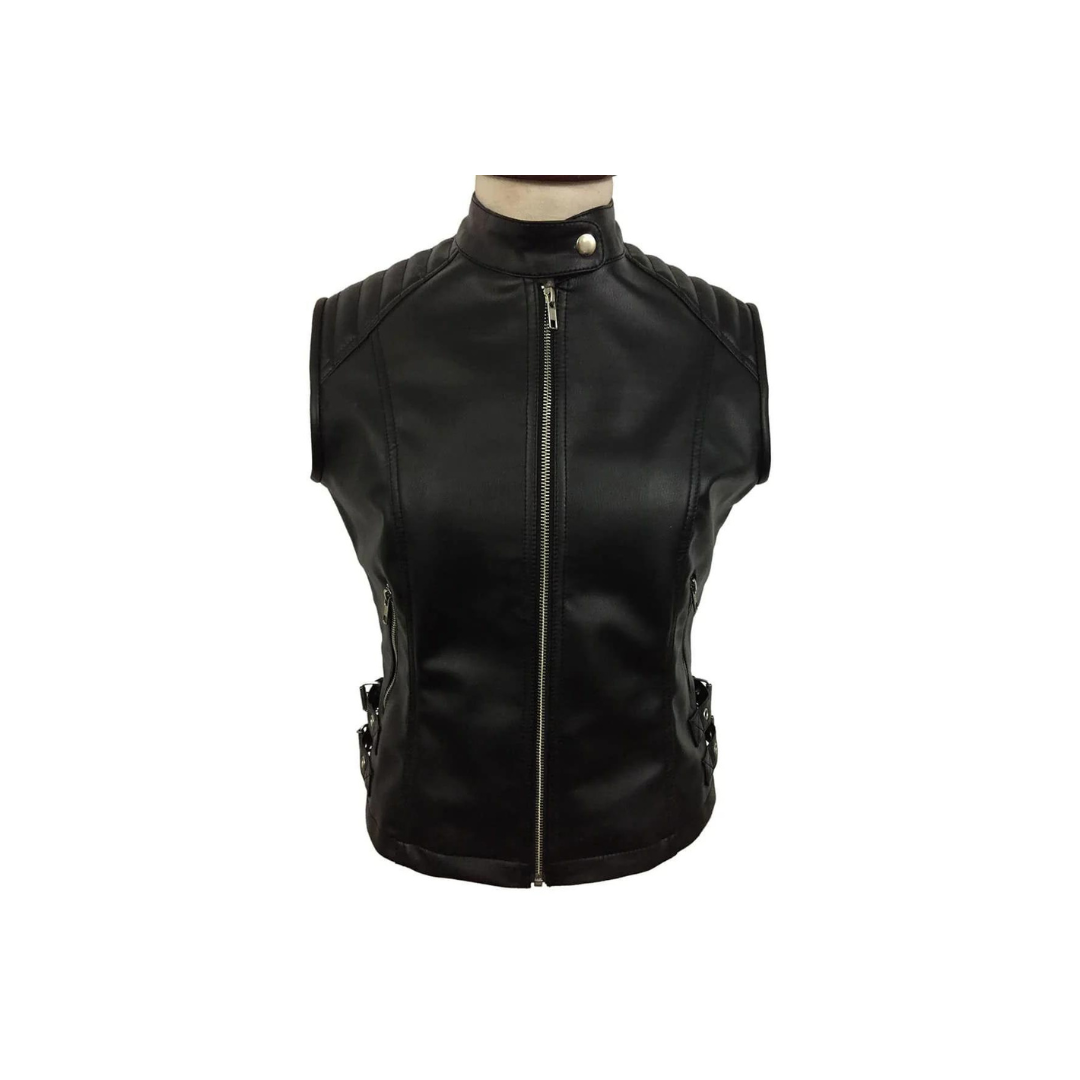 Chaleco de motociclista de piel de cordero auténtica de color negro para mujer sexy (W12)