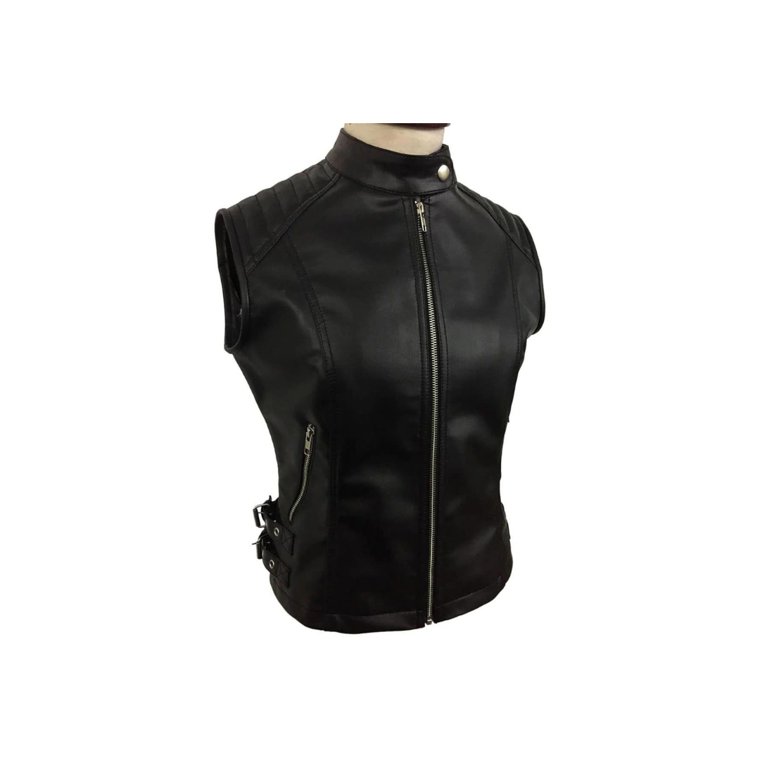 Chaleco de motociclista de piel de cordero auténtica de color negro para mujer sexy (W12)
