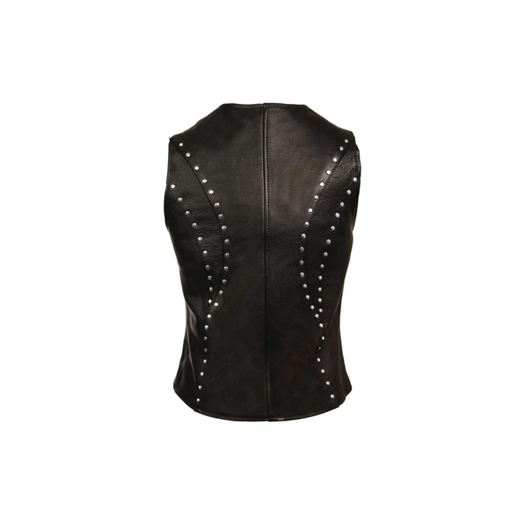 Chaleco de motociclista de cuero negro auténtico para mujer (W5 - BLK)