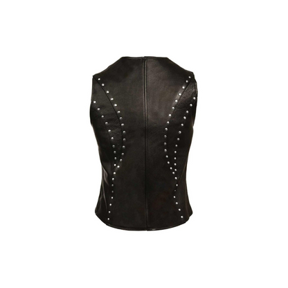 Chaleco de motociclista de cuero negro auténtico para mujer (W5 - BLK)