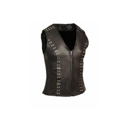 Chaleco de motociclista de cuero negro auténtico para mujer (W5 - BLK)