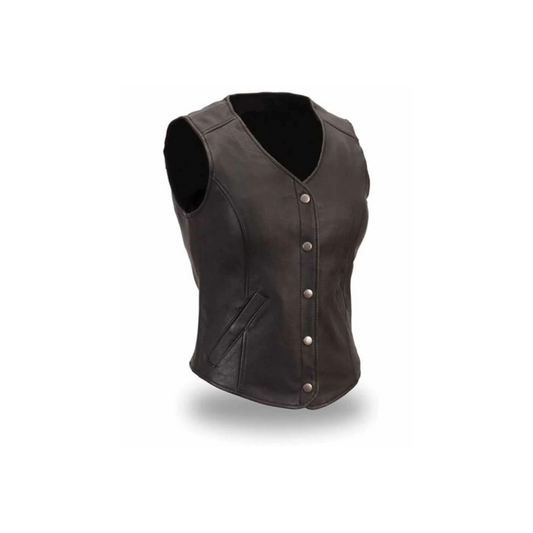 Women Real Black Leather Waistcoat Vest With Front Press Studs (W2)