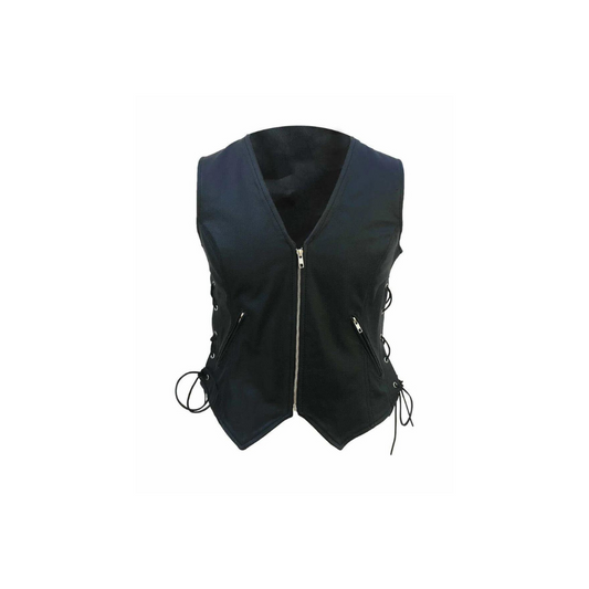 Women Real Black Leather Waistcoat Vest With Side Lacing (W3 - BLK)