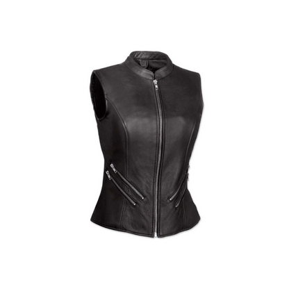 Chaleco de motociclista de cuero negro auténtico para mujer (W9 - BLK)