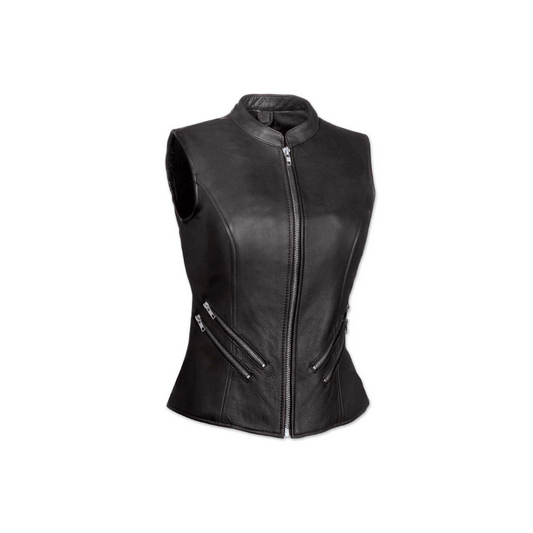 Women Real Black Leather Bikers Waistcoat Vest (W9 - BLK)