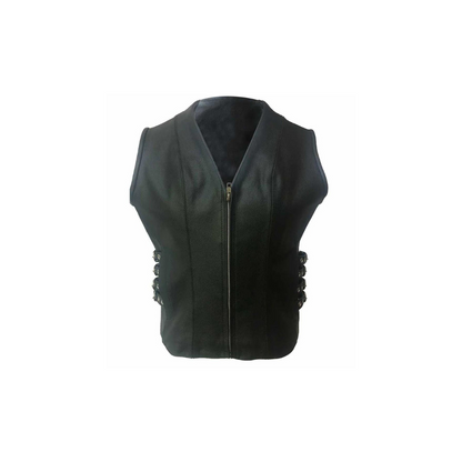 Chaleco de motociclista de cuero negro auténtico para mujer (W7 – BLK)