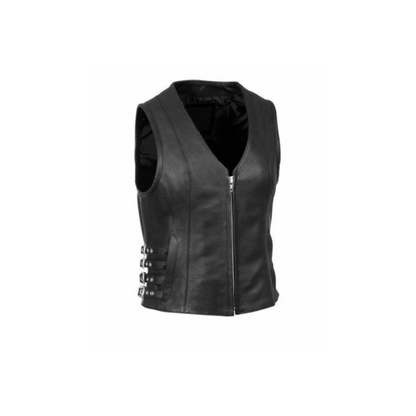 Chaleco de motociclista de cuero negro auténtico para mujer (W7 – BLK)