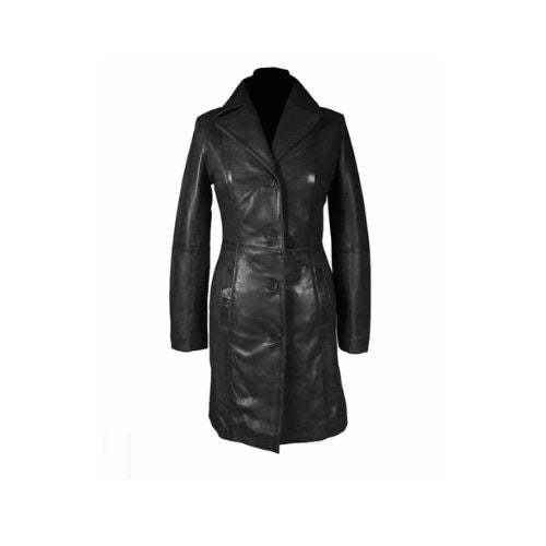 Ladies Black Cow Leather Steampunk Style Trench Coat - T16 - BLK