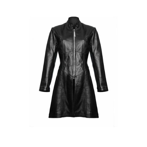Ladies Black Cow Leather Steampunk Style Trench Coat - T9 - BLK
